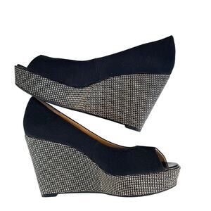 Nine West Cheerful Black Canvas Peep Toe Platform Wedge Woven Heel 6M